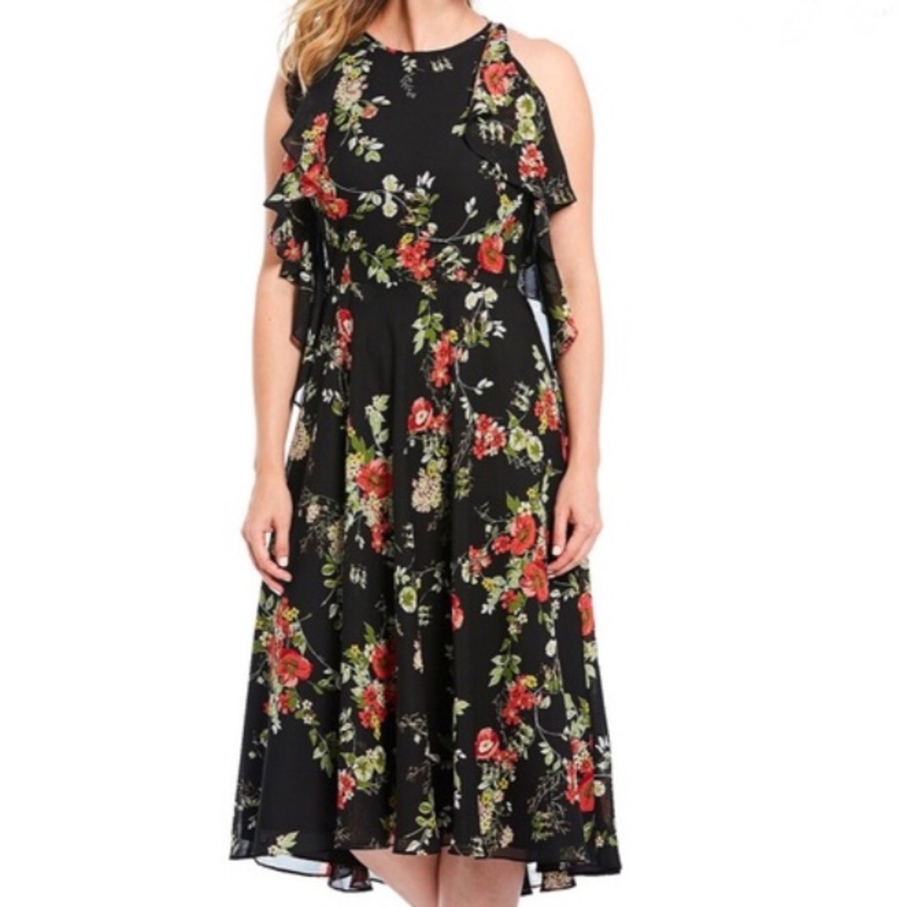 Alex Marie Black Laurel Ruffle Chiffon MIDI dress
